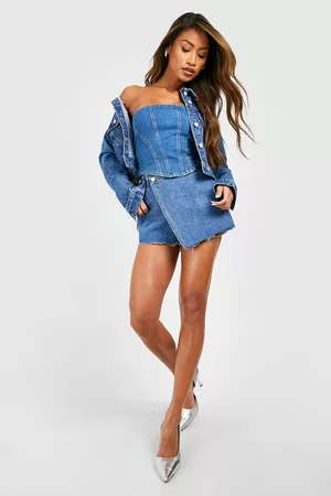 Boohoo Wrap Waist Raw Hem Denim Skort, Mid Wash