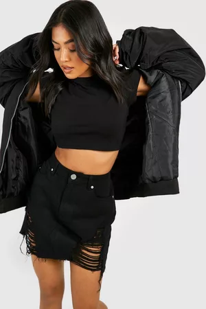 Boohoo Dames Jeansrokken - Petite Distressed Denim Skirt, Black