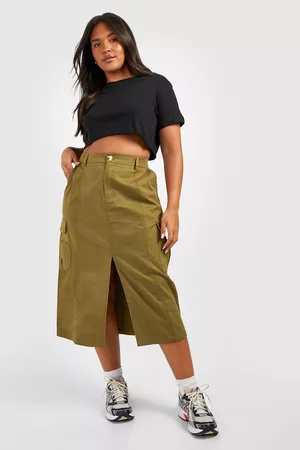 Boohoo Dames Jeansrokken - Plus Denim Pocket Split Front Cargo Midaxi Skirt, Khaki