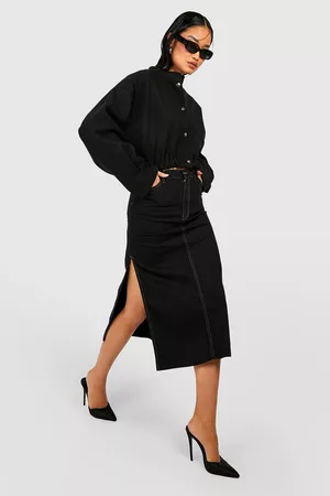 Boohoo Dames Jeansrokken - Split Side Contrast Stitch Denim Midaxi Skirt, Black