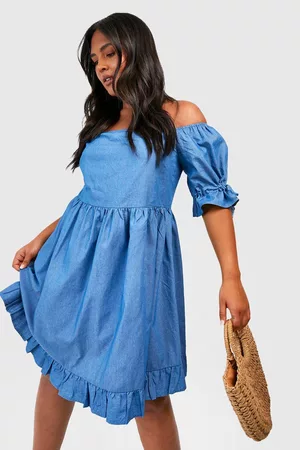 Boohoo Dames Jeansrokken - Plus Chambray Puff Sleeve Smock Dress, Denim-Blue