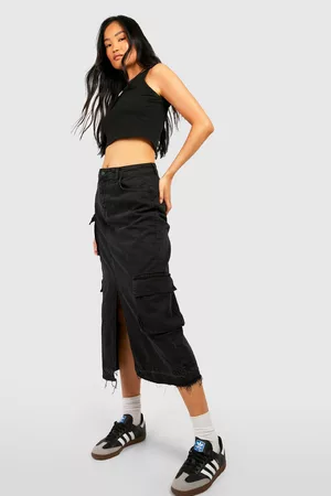 Boohoo Dames Maxi rokken - Split Front Cargo Pocket Denim Maxi Skirt, Black