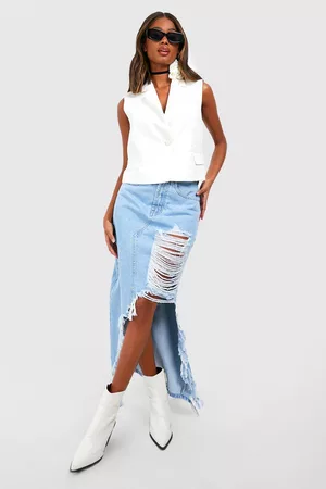 Boohoo Dames Maxi rokken - Ripped Split Detail Denim Maxi Skirt, Light Blue