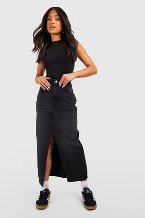 Boohoo Dames Maxi rokken - Petite Split Front Denim Maxi Skirt, Black