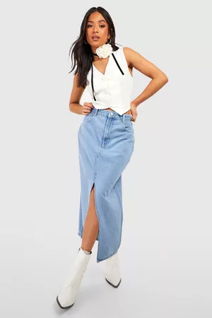 Boohoo Dames Maxi rokken - Petite Split Front Denim Maxi Skirt, Light Blue