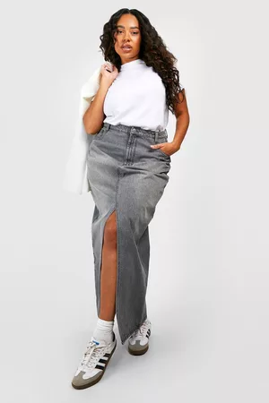 Boohoo Dames Maxi rokken - Plus Split Front Denim Maxi Skirt, Mid Grey