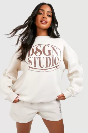 Boohoo Dames Korte sportbroeken - Dsgn Studio Slogan Sweatshirt Short Tracksuit, Stone