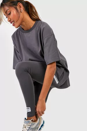 Boohoo Dames Sportshirts - Oversized Slogan T-Shirt And Legging Set, Charcoal