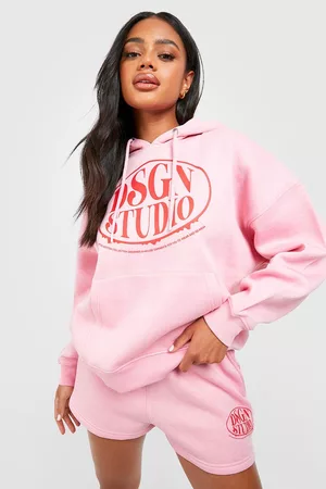 Boohoo Dames Korte sportbroeken - Dsgn Studio Slogan Hooded Short Tracksuit, Pink