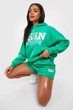 Boohoo Dames Korte sportbroeken - Dsgn Studio Sports Slogan Hooded Short Tracksuit, Green