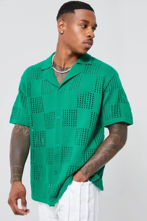 Boohoo Heren Korte Mouwen Poloshirts - Short Sleeve Flannelerboard Open Stitch Shirt, Green