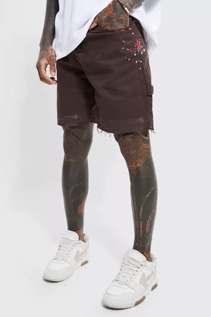 Boohoo Shorts - Fixed Waist Relaxed Carpenter Paint Short, Chocolate