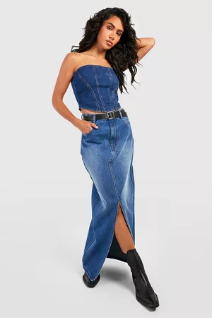 Boohoo Dames Maxi rokken - Split Front Denim Maxi Skirt, Mid Blue