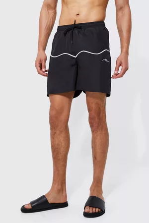 Boohoo Heren Shorts - Tall Mid Length Official Man Piping Swim Shorts, Black