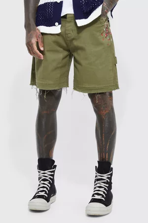 Boohoo Shorts - Fixed Waist Relaxed Carpenter Paint Short, Khaki