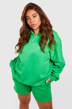 Boohoo Dames Korte sportbroeken - Plus Oversized Half Zip Short Tracksuit, Green