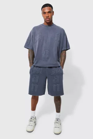 Boohoo Heren Shorts - Oversized Man Applique Washed T-Shirt & Short Set, Charcoal
