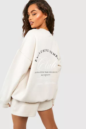 Boohoo Dames Korte sportbroeken - Members Club Slogan Sweatshirt Short Tracksuit, Stone