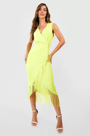 Boohoo Dames Midi jurken - Tassel Hem Wrap Midi Dress, Lime