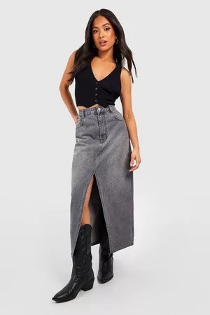 Boohoo Dames Maxi rokken - Petite Split Front Denim Maxi Skirt, Mid Grey