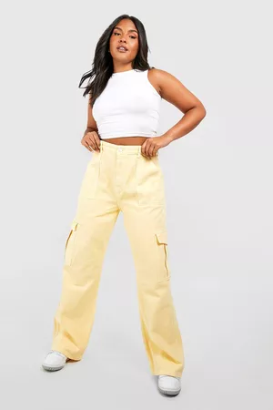 Boohoo Dames Straight - Plus Acid Wash Cargo Straight Leg Jean, Yellow