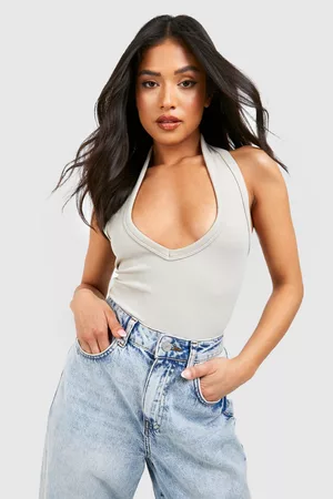 Boohoo Dames Tops - Petite Think Binding Wide Strap Plunge Tank, Stone
