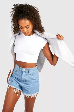 Boohoo Dames Shorts - Tall High Waisted Frayed Hem Basic Denim Shorts, Light Wash