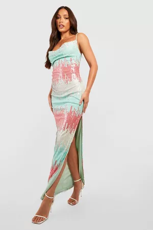 Boohoo Dames Lange jurken - Tall Ombre Sequin Cowl Neck Maxi Slip Dress, Sage