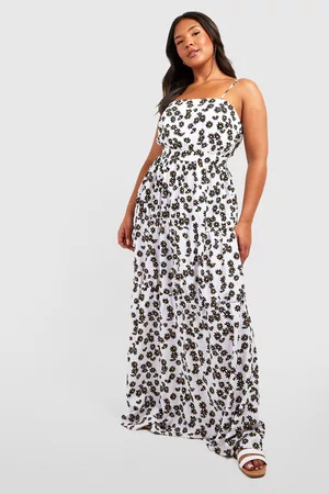 Boohoo Dames Geprinte jurken - Plus Daisy Printed Tiered Maxi Dress, Ivory