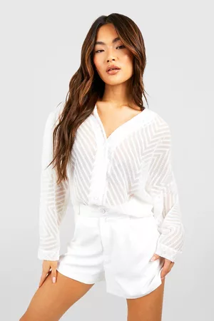 Boohoo Dames Overhemden - Textured Relaxed Fit Volume Sleeve Blouse, Ivory