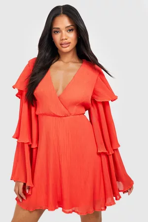Boohoo Dames Korte jurken - Plisse Layered Sleeve Skater Dress, Orange
