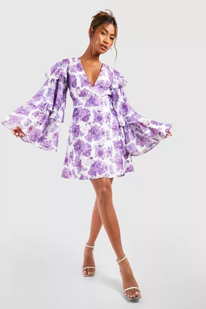 Boohoo Dames Korte jurken - Floral Chiffon Layered Frill Sleeve Skater Dress, Lilac
