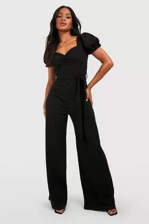 Boohoo Dames Jumpsuits - Puff Sleeve Tie Waist Wide Leg Jumpsuit, Black