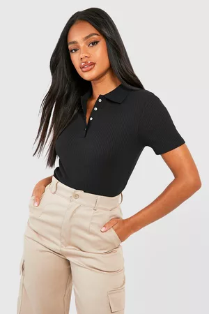 Boohoo Dames Crop Top - Collared Button Detail Ribbed Crop Top, Black