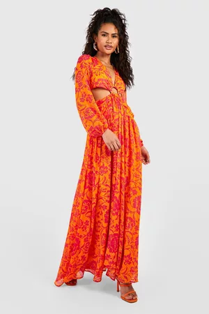Boohoo Dames Uitgesneden Jurken - Floral Ring Detail Cut Out Maxi Dress, Orange