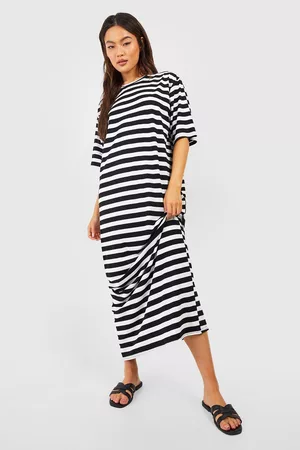 Boohoo Dames Lange jurken - Oversized Striped T-Shirt Maxi Dress, Black