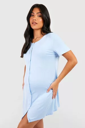 Boohoo Dames Sportshirts - Maternity Peached Jersey Button Down Nightie, Blue