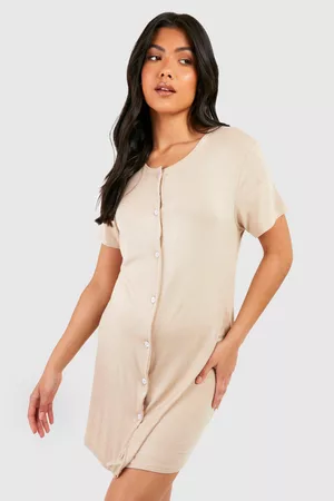 Boohoo Dames Sportshirts - Maternity Peached Jersey Button Down Nightie, Stone