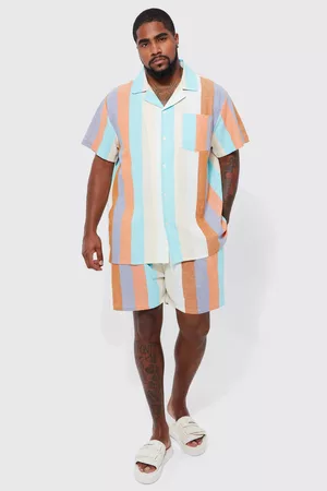 Boohoo Dames Korte mouw - Plus Short Sleeve Drop Revere Stripe Slub Shirt Set, Multi