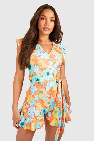 Boohoo Dames Playsuits - Tall Floral Ruffle Plunge Belted Romper, Orange