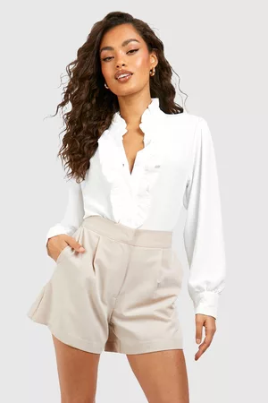 Boohoo Dames Blouses - Hammered Ruffle Neck & Front Blouse, Ivory