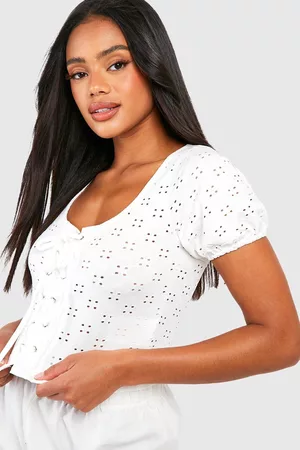 Boohoo Dames Crop Top - Broderie Jersey Lace Up Crop Top, White