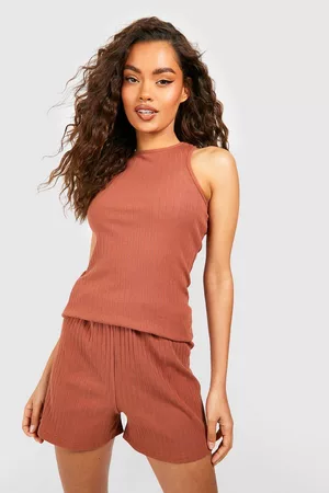 Boohoo Dames Shorts - Ribbed Racer Tank & Short Lounge Set, Rust