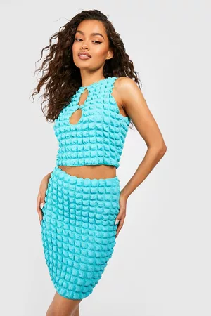 Boohoo Dames Uitgesneden Jurken - Bubble Jersey Cut Out Crop & Mini Skirt, Azure