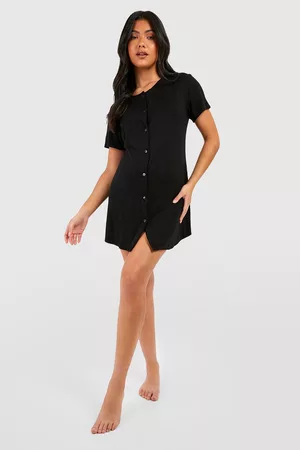 Boohoo Dames Sportshirts - Maternity Peached Jersey Button Down Nightie, Black
