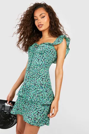 Boohoo Dames Korte jurken - Ditsy Floral Frill Mini Dress, Green