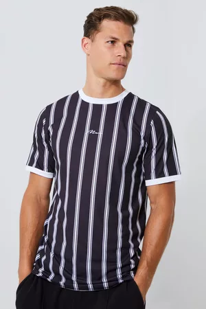Boohoo Heren Gestreepte T-shirts - Tall Slim Man Signature Stripe Ringer T-Shirt, Black