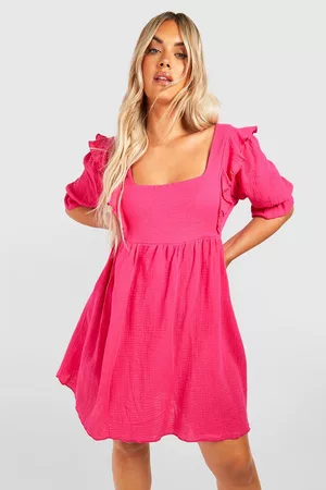 Boohoo Dames Jurken - Plus Cheesecloth Frill Smock Dress, Hot Pink