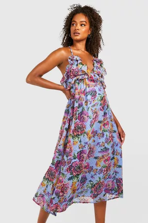 Boohoo Dames Midi jurken - Tall Floral Dobby Ruffle Strappy Midi Dress, Blue