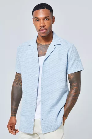 Boohoo Dames Korte mouw - Short Sleeve Revere Textured Geo Linen Shirt, Blue